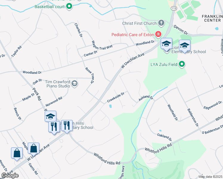 map of restaurants, bars, coffee shops, grocery stores, and more near 15 Brookhollow Drive in Downingtown