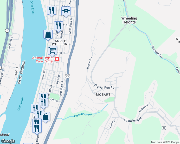 map of restaurants, bars, coffee shops, grocery stores, and more near 223 Incline Avenue in Wheeling