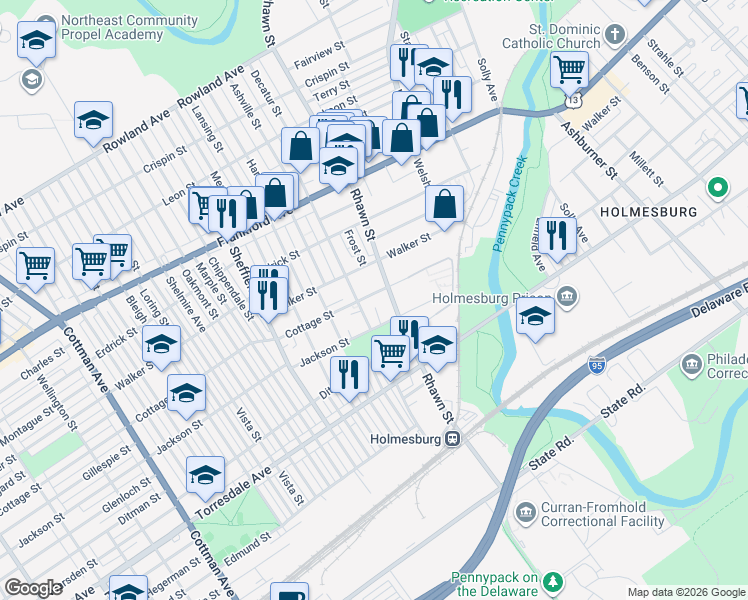 map of restaurants, bars, coffee shops, grocery stores, and more near 4316 Rhawn Street in Philadelphia