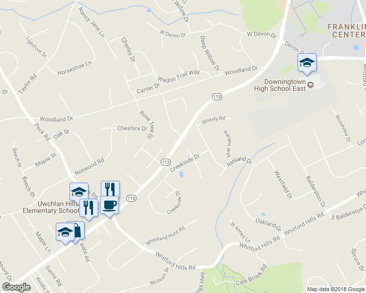 map of restaurants, bars, coffee shops, grocery stores, and more near 15 Brookhollow Drive in Downingtown