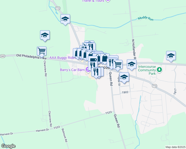 map of restaurants, bars, coffee shops, grocery stores, and more near in Intercourse