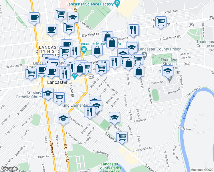 map of restaurants, bars, coffee shops, grocery stores, and more near 52 Locust Street in Lancaster