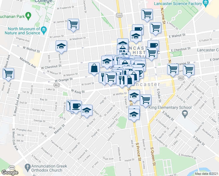 map of restaurants, bars, coffee shops, grocery stores, and more near 1 North Mulberry Street in Lancaster
