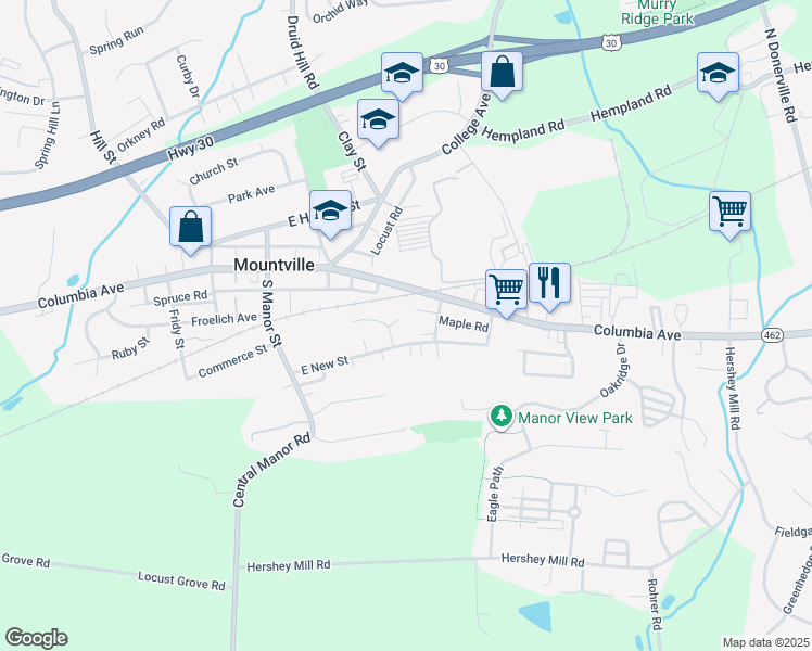 map of restaurants, bars, coffee shops, grocery stores, and more near 6 South Bridge Street in Mountville