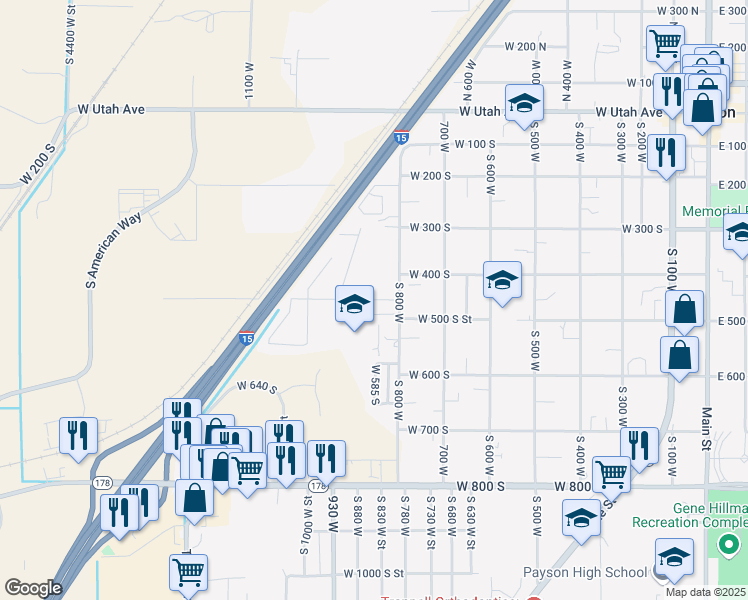 map of restaurants, bars, coffee shops, grocery stores, and more near 841 West 450 South in Payson