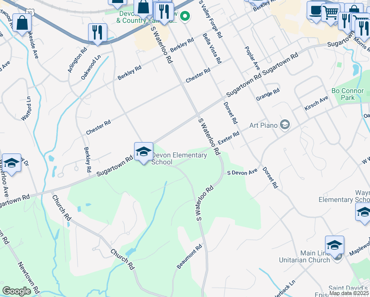 map of restaurants, bars, coffee shops, grocery stores, and more near 422 South Waterloo Road in Devon
