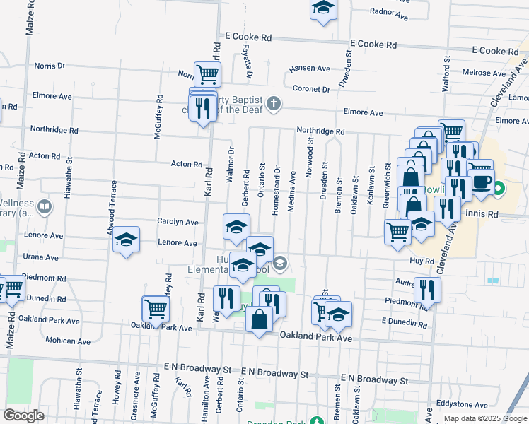 map of restaurants, bars, coffee shops, grocery stores, and more near 3464 Ontario Street in Columbus