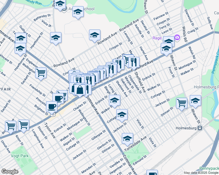 map of restaurants, bars, coffee shops, grocery stores, and more near 4018 Loring Street in Philadelphia