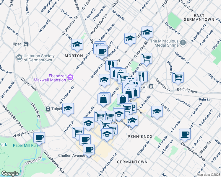 map of restaurants, bars, coffee shops, grocery stores, and more near 44 W Haines St in Philadelphia