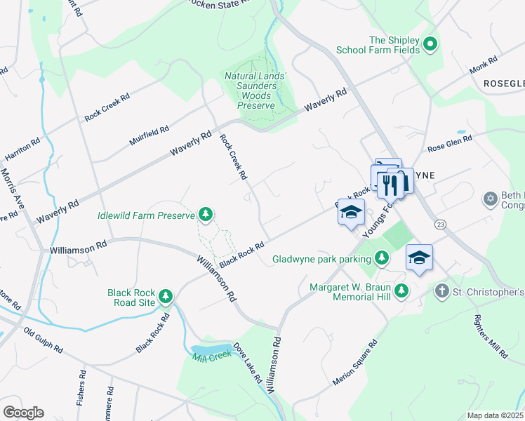 map of restaurants, bars, coffee shops, grocery stores, and more near 1210 Rock Creek Road in Gladwyne