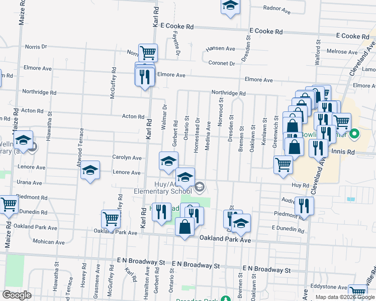 map of restaurants, bars, coffee shops, grocery stores, and more near 3464 Ontario Street in Columbus