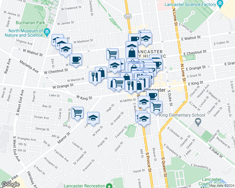 map of restaurants, bars, coffee shops, grocery stores, and more near 1 North Mulberry Street in Lancaster