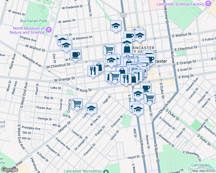 map of restaurants, bars, coffee shops, grocery stores, and more near 319 West King Street in Lancaster