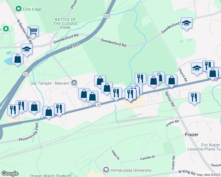 map of restaurants, bars, coffee shops, grocery stores, and more near 1 Coffman Avenue in Malvern