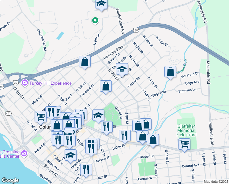 map of restaurants, bars, coffee shops, grocery stores, and more near 25 North 8th Street in Columbia
