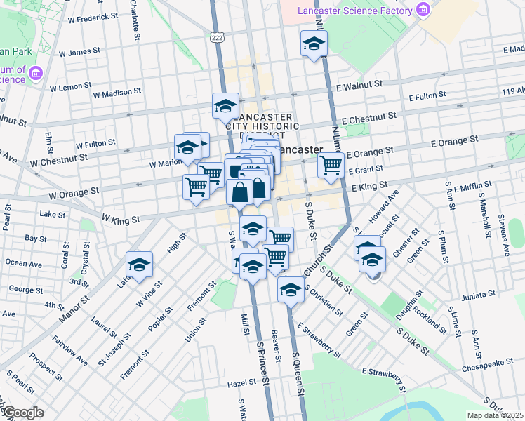 map of restaurants, bars, coffee shops, grocery stores, and more near 12 West King Street in Lancaster