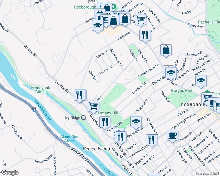 map of restaurants, bars, coffee shops, grocery stores, and more near 233 Parker Avenue in Philadelphia