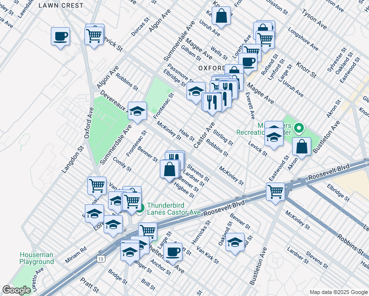 map of restaurants, bars, coffee shops, grocery stores, and more near 1335 Devereaux Avenue in Philadelphia