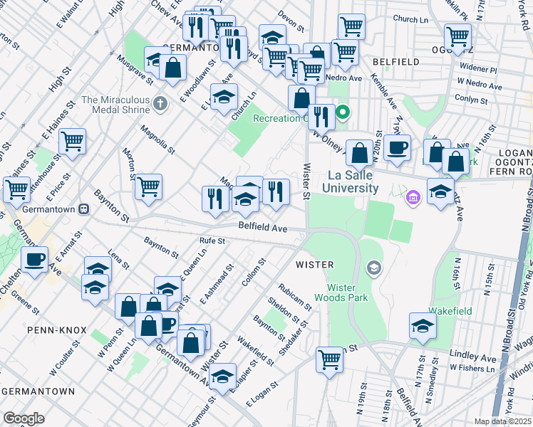 map of restaurants, bars, coffee shops, grocery stores, and more near 501 East Ashmead Street in Philadelphia