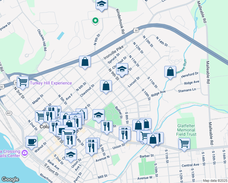 map of restaurants, bars, coffee shops, grocery stores, and more near 25 North 8th Street in Columbia