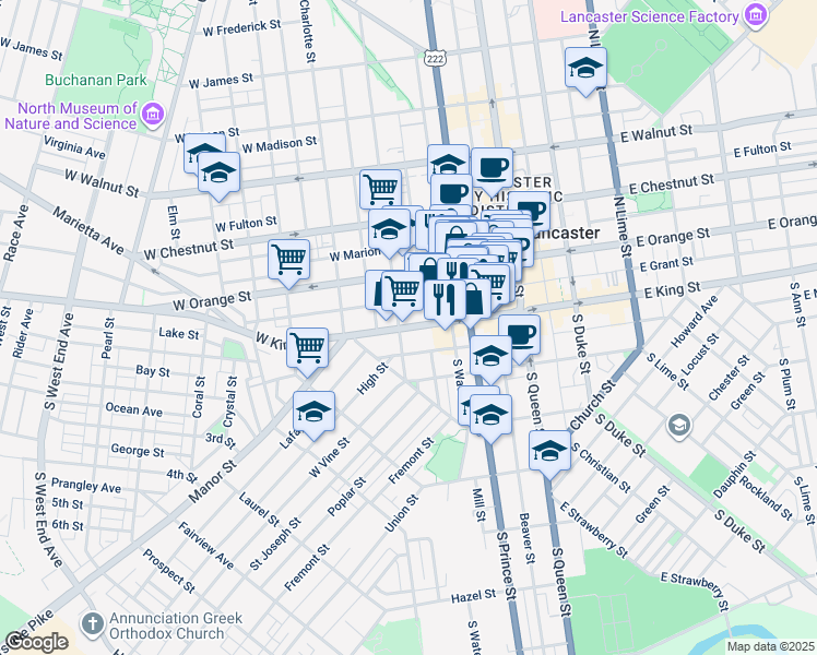 map of restaurants, bars, coffee shops, grocery stores, and more near 254 West King Street in Lancaster