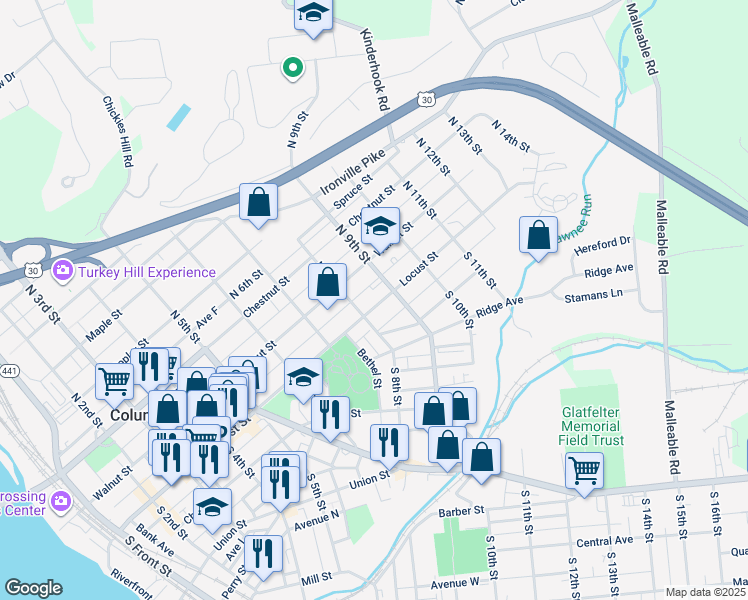 map of restaurants, bars, coffee shops, grocery stores, and more near 817 Locust Street in Columbia