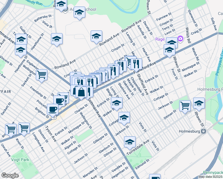 map of restaurants, bars, coffee shops, grocery stores, and more near 4018 Loring Street in Philadelphia