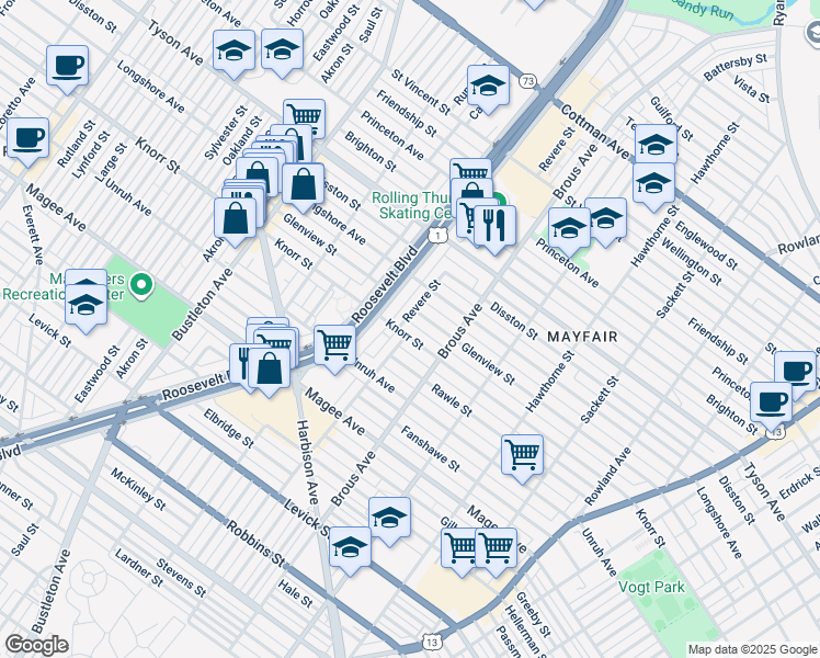 map of restaurants, bars, coffee shops, grocery stores, and more near 2807 Knorr Street in Philadelphia