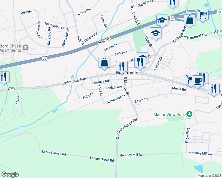 map of restaurants, bars, coffee shops, grocery stores, and more near 102 Froelich Avenue in Mountville