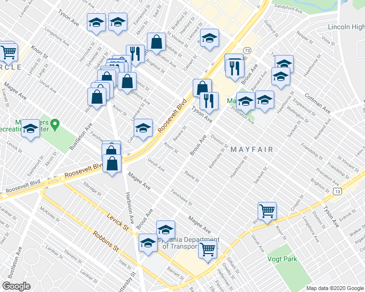 map of restaurants, bars, coffee shops, grocery stores, and more near 2824 Glenview Street in Philadelphia