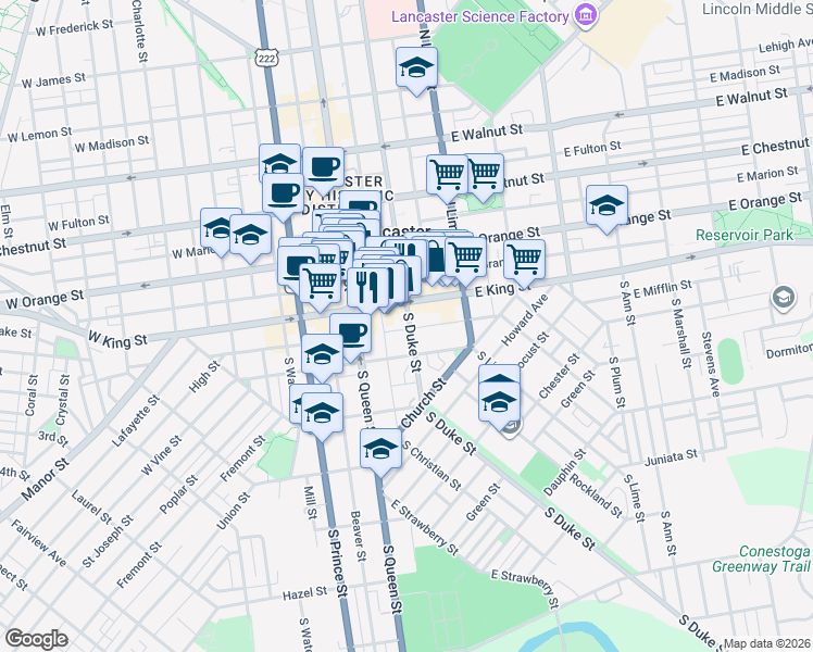map of restaurants, bars, coffee shops, grocery stores, and more near 100 East King Street in Lancaster