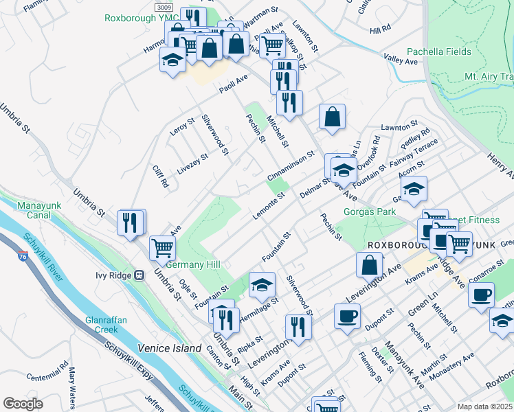 map of restaurants, bars, coffee shops, grocery stores, and more near 304 Lemonte Street in Philadelphia