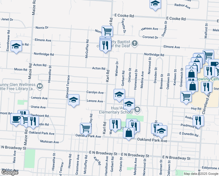 map of restaurants, bars, coffee shops, grocery stores, and more near 3500 Karl Road in Columbus