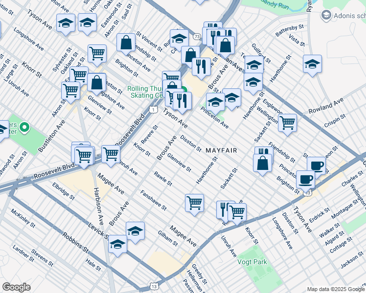 map of restaurants, bars, coffee shops, grocery stores, and more near 2929 Longshore Avenue in Philadelphia