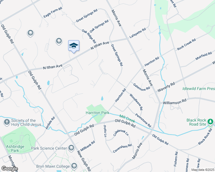 map of restaurants, bars, coffee shops, grocery stores, and more near 614 Great Springs Road in Bryn Mawr