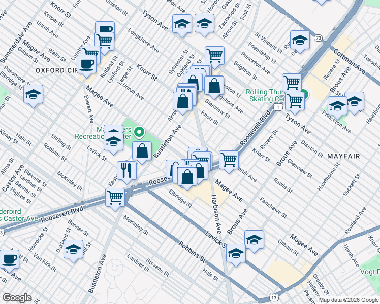 map of restaurants, bars, coffee shops, grocery stores, and more near 2154 Fanshawe Street in Philadelphia