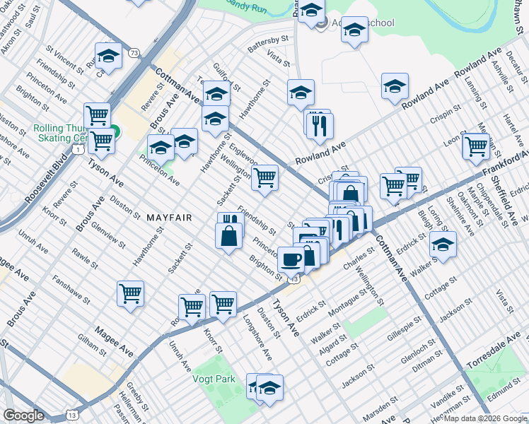 map of restaurants, bars, coffee shops, grocery stores, and more near 3314 Saint Vincent Street in Philadelphia