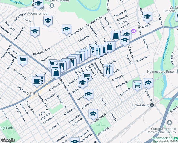 map of restaurants, bars, coffee shops, grocery stores, and more near 4028 Marple Street in Philadelphia