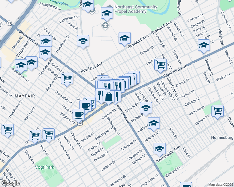 map of restaurants, bars, coffee shops, grocery stores, and more near 3524 Aldine Street in Philadelphia