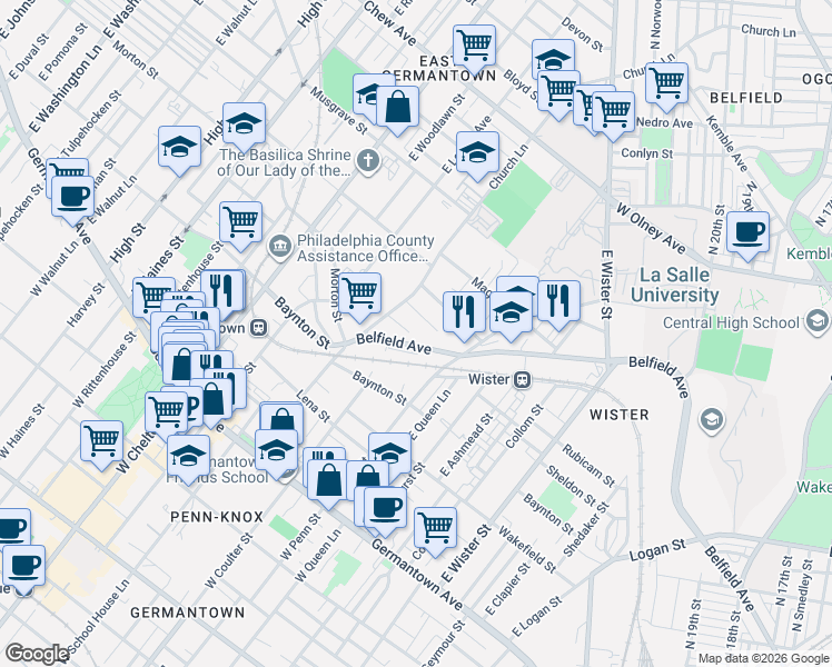 map of restaurants, bars, coffee shops, grocery stores, and more near 362 Church Lane in Philadelphia