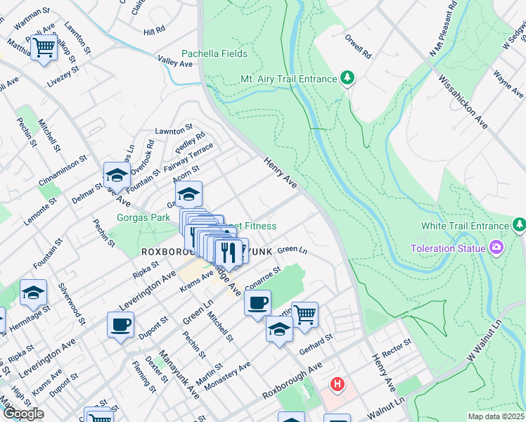map of restaurants, bars, coffee shops, grocery stores, and more near 628 Leverington Avenue in Philadelphia