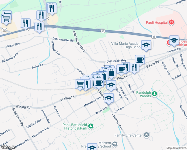map of restaurants, bars, coffee shops, grocery stores, and more near 4 High Street in Malvern