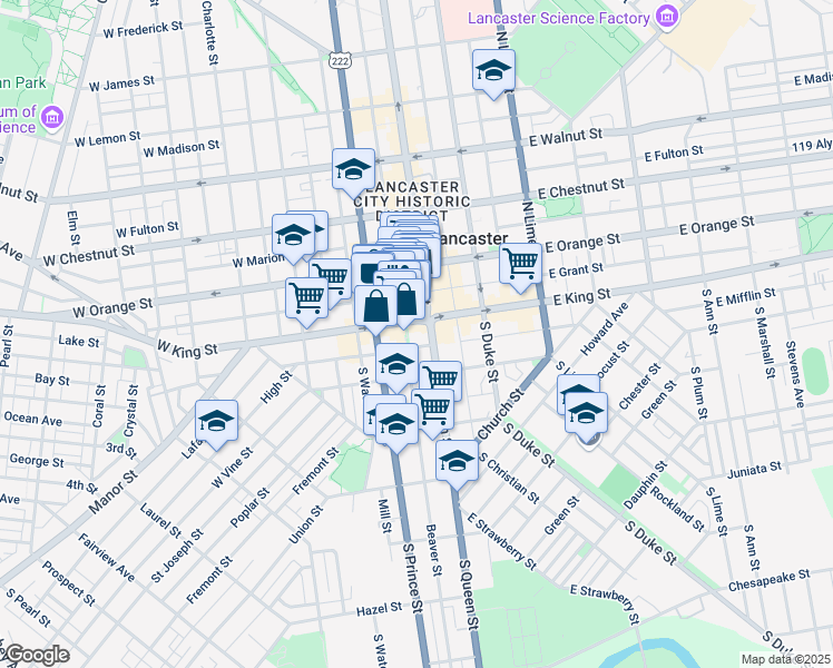 map of restaurants, bars, coffee shops, grocery stores, and more near 2 West Grant Street in Lancaster
