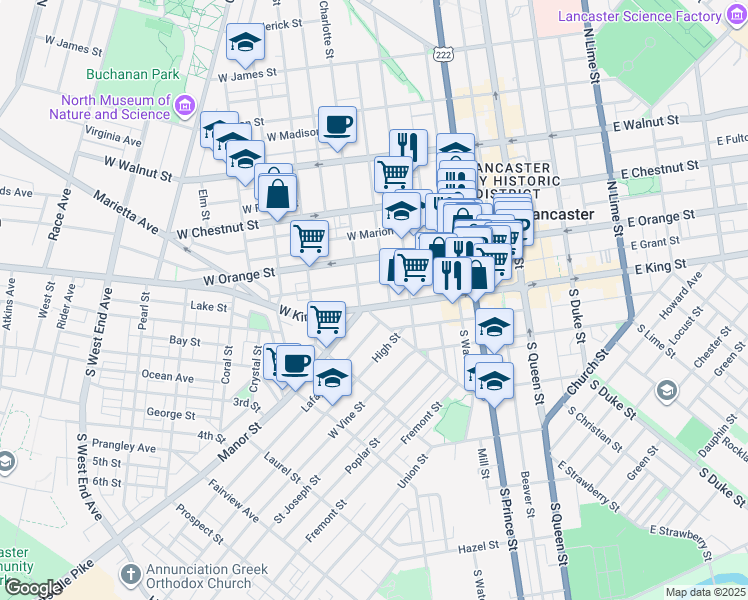 map of restaurants, bars, coffee shops, grocery stores, and more near 27 North Charlotte Street in Lancaster