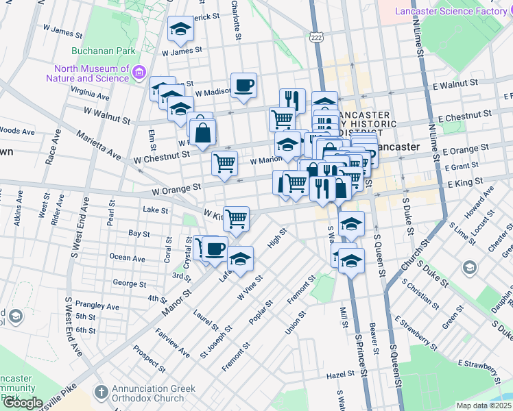 map of restaurants, bars, coffee shops, grocery stores, and more near 27 North Charlotte Street in Lancaster