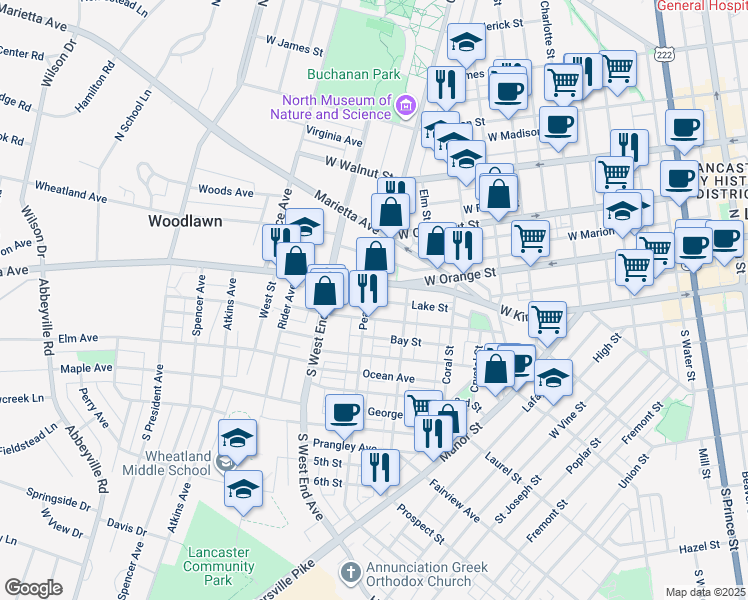 map of restaurants, bars, coffee shops, grocery stores, and more near 738 Pennsylvania 462 in Lancaster