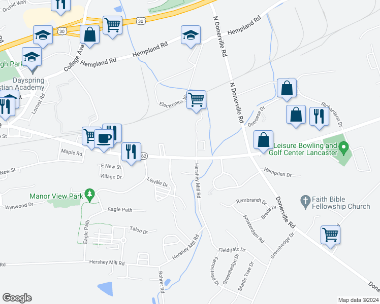 map of restaurants, bars, coffee shops, grocery stores, and more near 1 Lincoln West Drive in Mountville