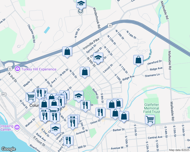 map of restaurants, bars, coffee shops, grocery stores, and more near 814 Walnut Street in Columbia