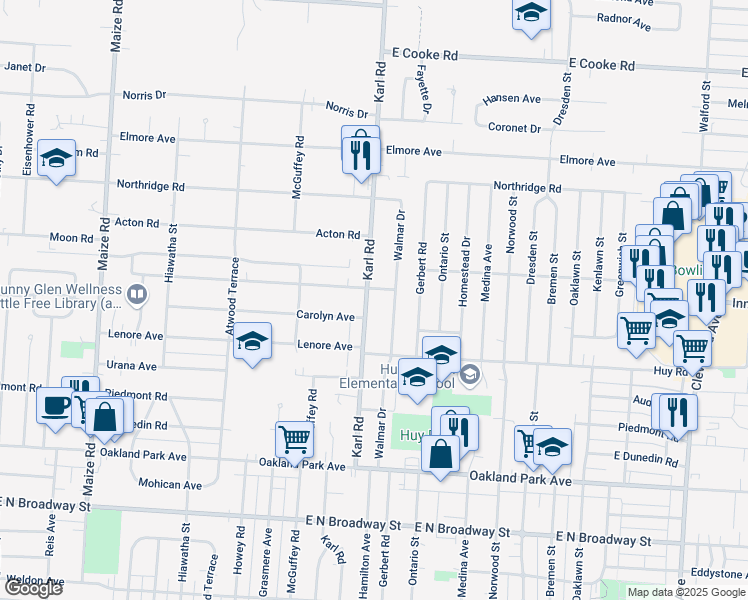 map of restaurants, bars, coffee shops, grocery stores, and more near 3500 Karl Road in Columbus