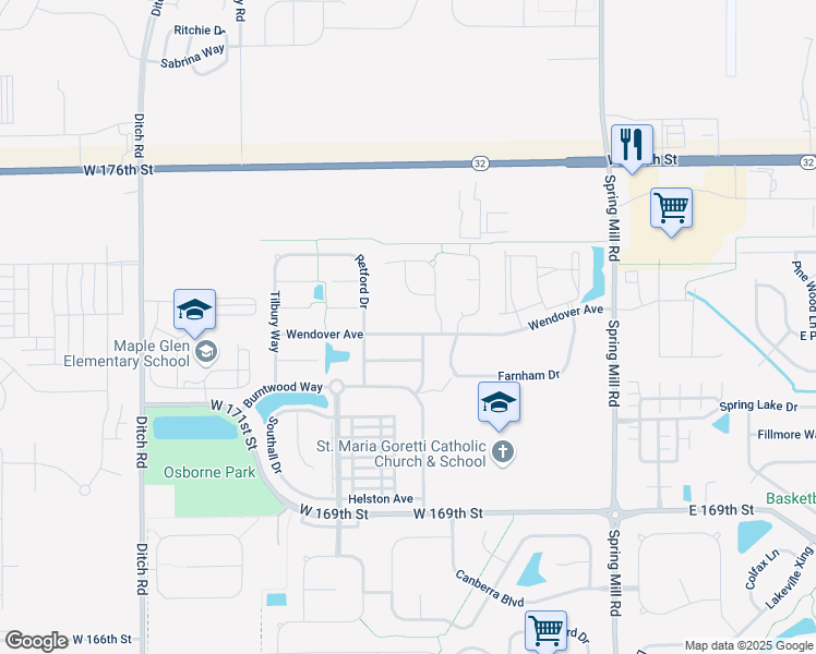 map of restaurants, bars, coffee shops, grocery stores, and more near 17350 Haxby Lane in Westfield